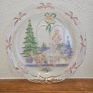 Vintage Crystal Clear Studios 1992 Christmas Joy Glass Platter 14"